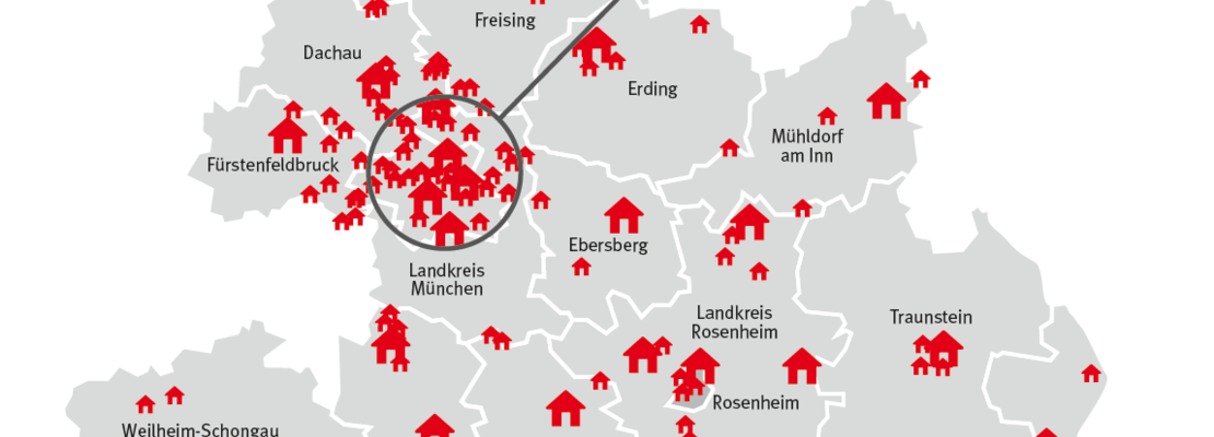 Karte der Caritas Einrichtungen in Oberbayern | © Caritas München und Oberbayern